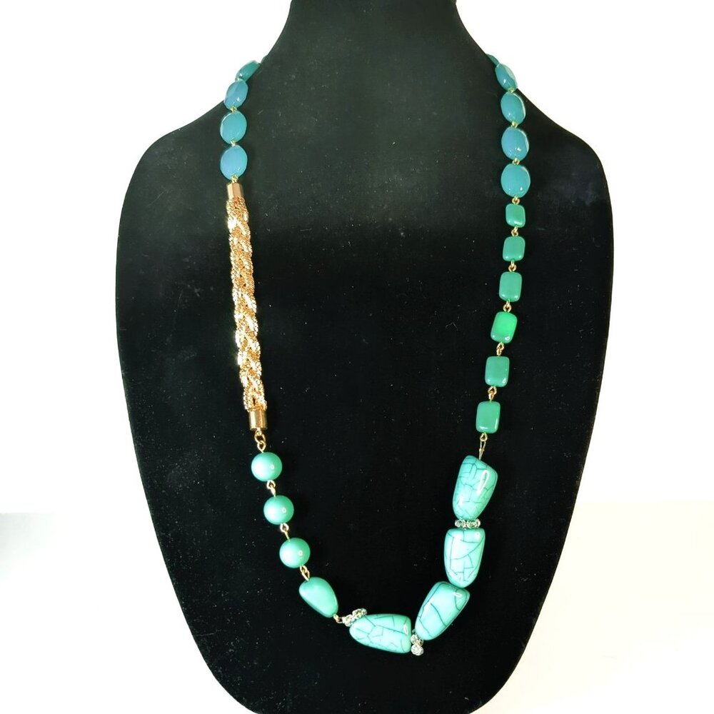 Vintage Aqua Blue Beaded Long Necklace With Gold-Tone Chain & Clasp 36 Inches